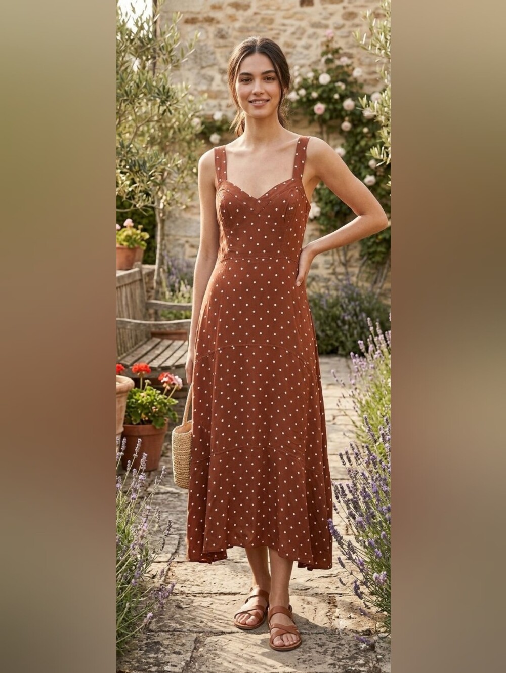 Maeve Brown Polka Dot Sleeveless Maxi Dress